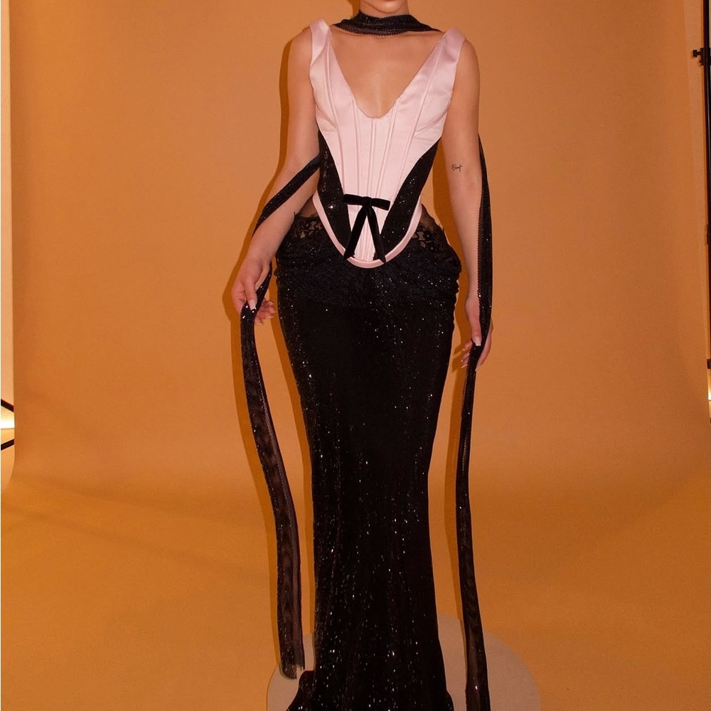 Pink and Black Two-Tone Maxi Evening Dress with Corset Detail